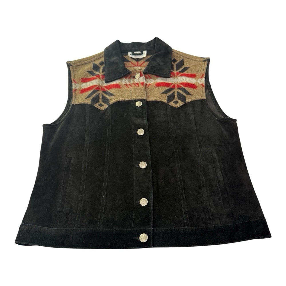 Pendleton Women's Suede Leather Vest Southwestern Wool Snap Front Black Medium